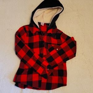 Plaid button down sweater with fur‎ hood